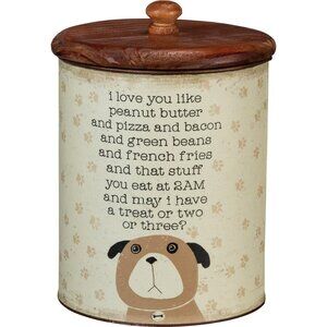 Rustic Metal Dog Treat Canister with Playful Sentiment and Paw Print Design